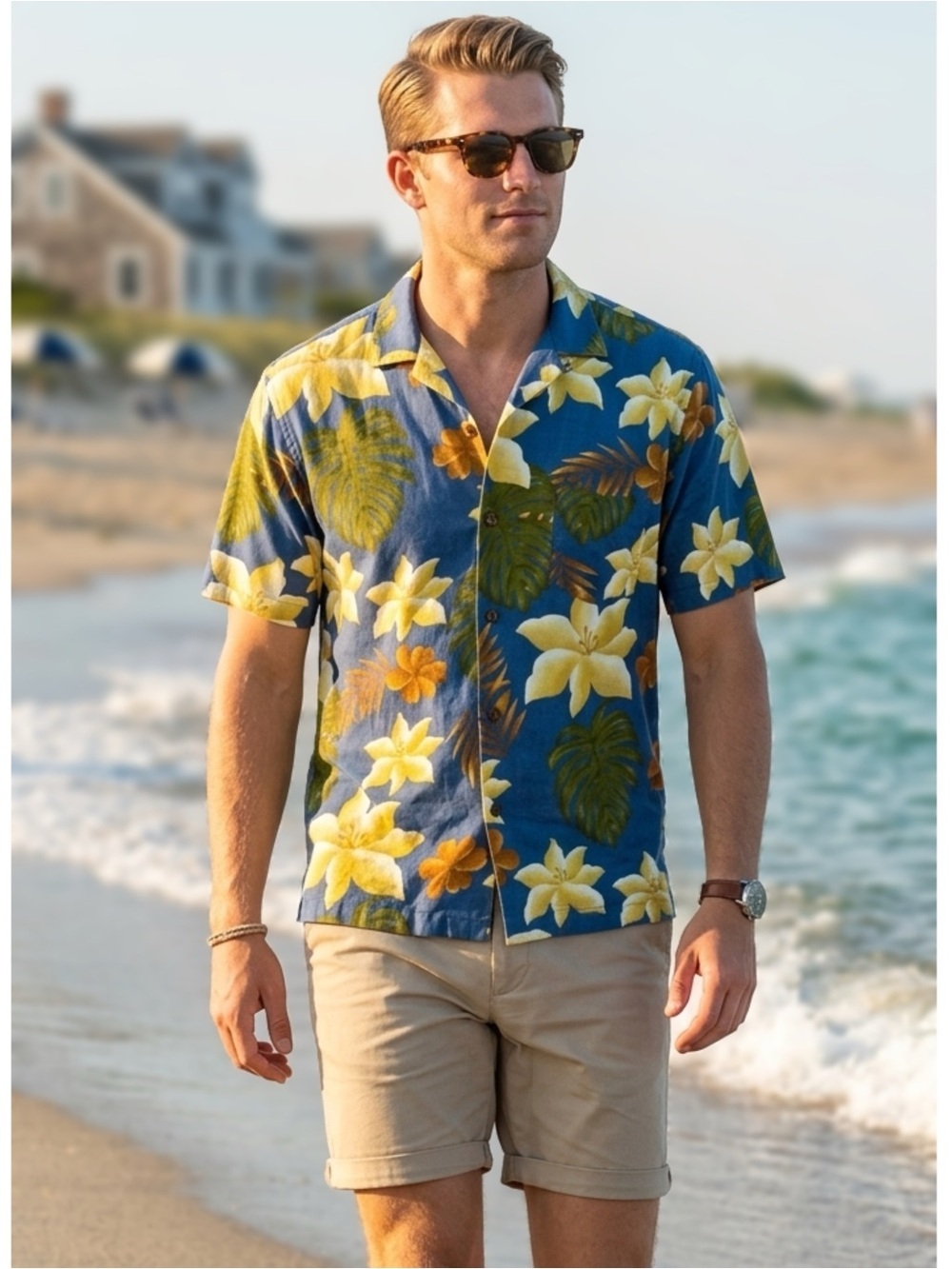 S&D Bahamas Hawaiian Shirt Mens 2XL Blue Yellow Floral Button Up Short Sleeves